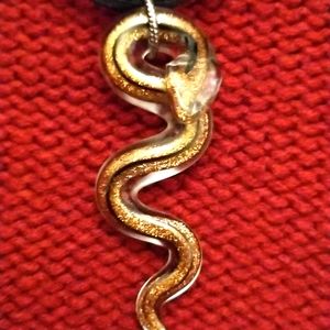 🐍 Handmade glass gold speckled snake pendant on a pretty ribbon neck…